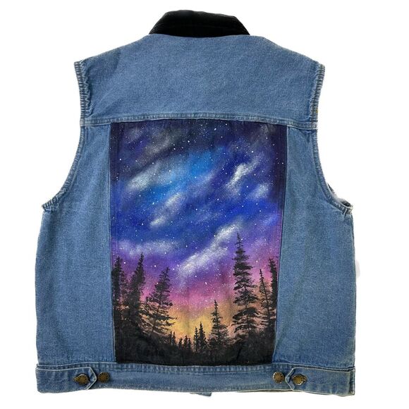 Generra Jackets & Blazers - Vintage Hand Painted‎ Denim Vest Womens Size M Forest Stars Generra Art To Wear